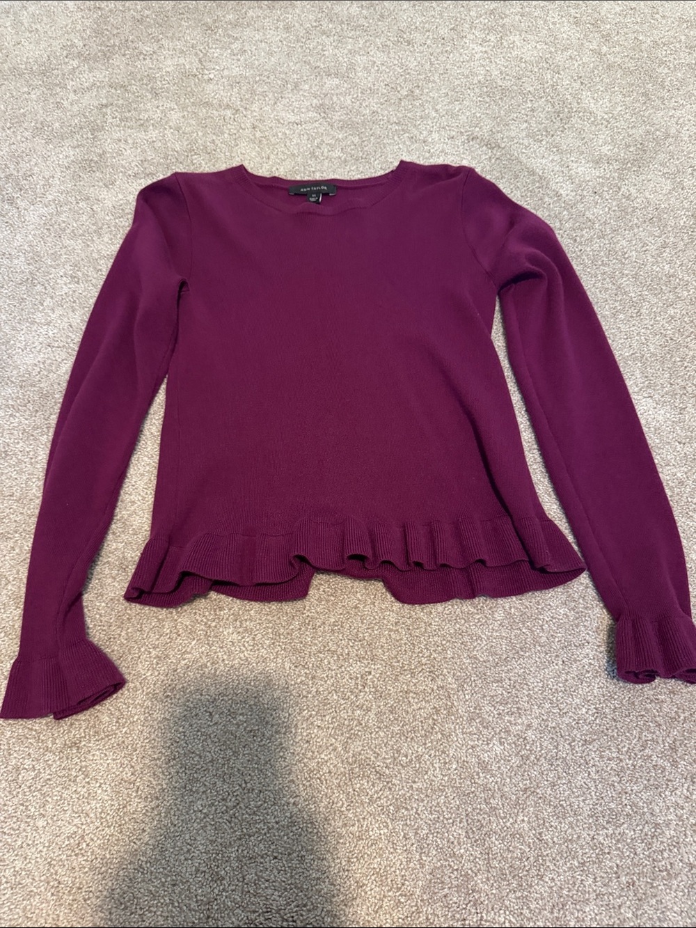 Ann Taylor Long Sleeve Ruffle-Hem Sweater - Plum